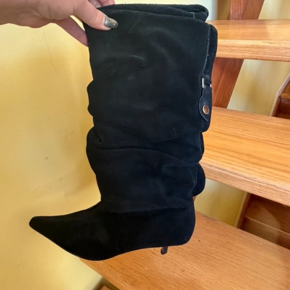 Black Suede Slouch Pointed-Toe Mid-Kitten Heel Boots
